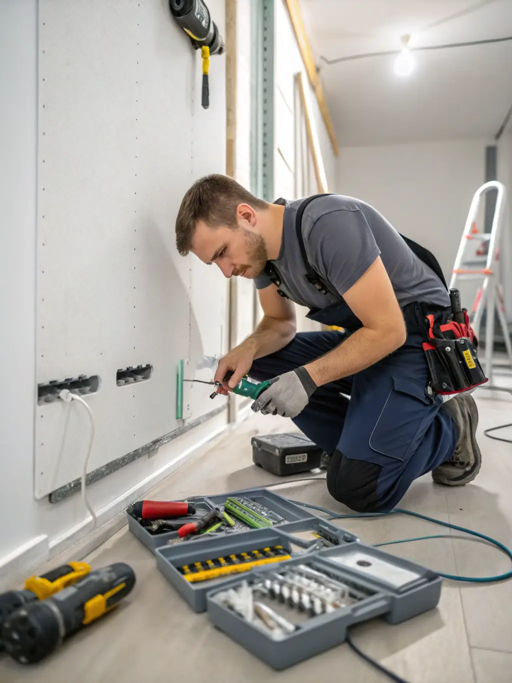 A skilled technician carefully repairing a section of drywall in a home, showcasing McKean Solutions' commitment to quality repair services.