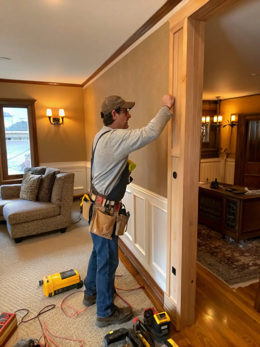 A craftsman installing new hardwood flooring in a living room, showcasing McKean Solutions' expertise in flooring and home improvement.