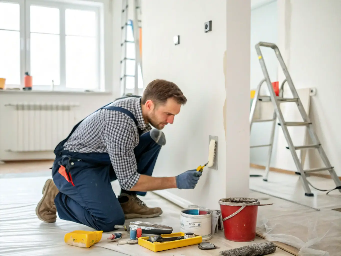 A handyman repairing a section of damaged drywall in a home, demonstrating McKean Solutions' commitment to providing reliable repair services.