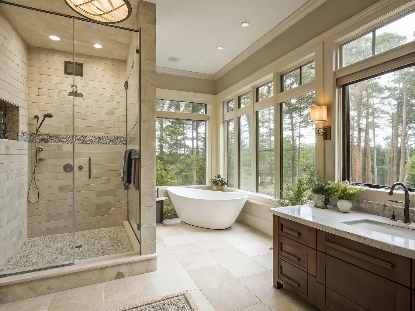 A modern bathroom featuring a walk-in shower, soaking tub, and elegant tiling, highlighting McKean Solutions' bathroom renovation capabilities.
